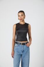 Sheer Panel Satin Sleeveless Top - Image 3