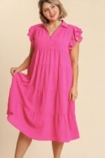 Umgee Tiered Midi Dress with Ruffled Sleeves in Hot Pink ON ORDER